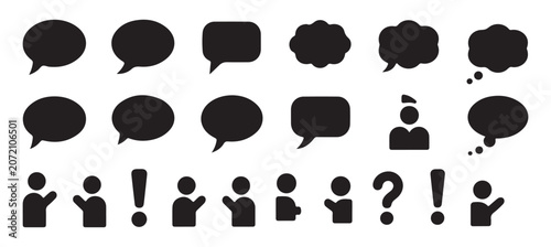Set of black speech bubbles thought clouds question marks exclamation points and people icons.