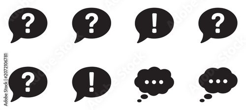 Speech bubbles with question mark exclamation mark and thought cloud icons.