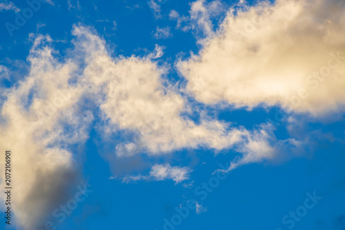 Beautiful blue sky with white fluffy clouds, natural daytime image, cloudscape with copy space. Scenic beauty of nature of Leh, Ladakh, India. Ladakh is known for clear atmosphere, bright environment.
