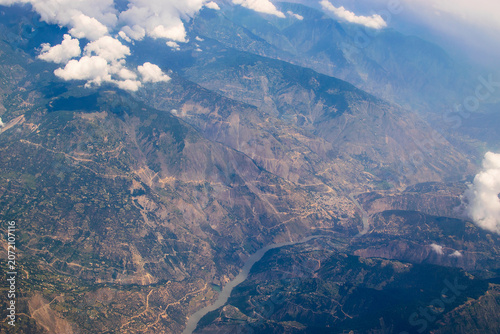 Aerial view of Srinagar from sky, image shot from aeroplane flying above Srinagar, Jammu and Kashmir, India.