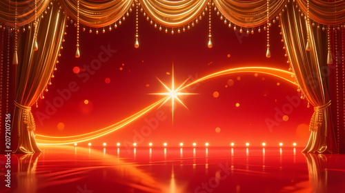Golden light on red stage curtains