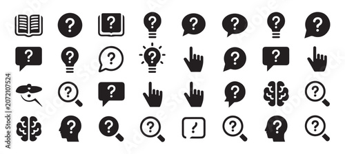 Abstract pattern of question mark icons, light bulbs, brains and hand gestures.