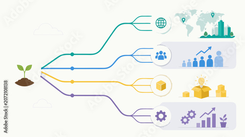 Clean flat vector illustration on a light background showing a seedling branching into business growth paths for strategy, startup planning, and sustainability presentations.