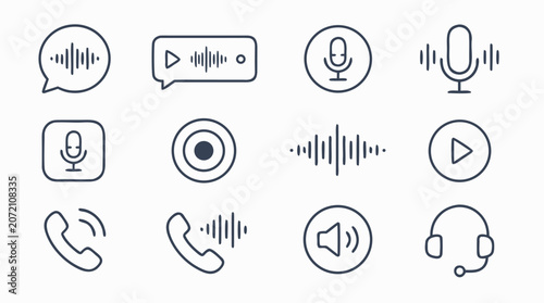 Clean flat vector illustration of audio, voice, microphone, playback, phone and headset line icons on a light background for podcast, call center or app interface design.