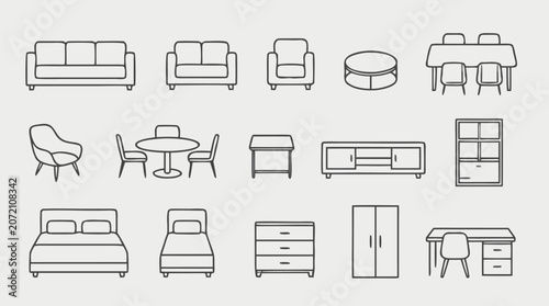 Clean flat vector illustration of home furniture line icons on a light background, ideal for interior design catalogs, decor apps, and room planning graphics.