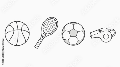 Clean flat vector illustration of basketball, tennis racket, soccer ball, and whistle on a light background for sports club flyers, coaching materials, or activity icons.