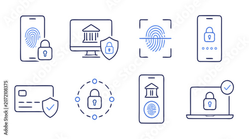 Clean flat vector illustration on a light background showing biometric fingerprint authentication, mobile banking security, cards and laptop icons for fintech privacy design.