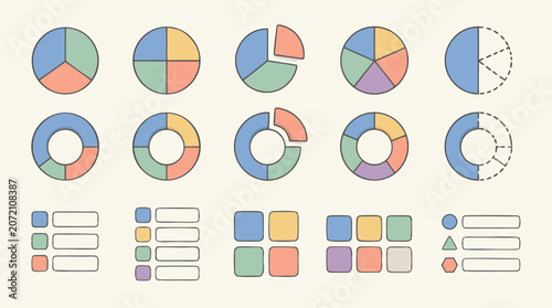 Clean flat vector illustration of colorful pie charts, donut charts, legends, and swatches on a light background for business dashboards and presentation infographics.