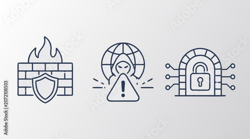 Clean flat vector illustration of cybersecurity icons with firewall shield, hacker alert, and locked network gateway on a light background for IT security marketing.