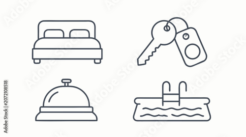 Clean flat vector illustration of hotel amenity line icons on a light background, showing bed, room key, service bell and swimming pool for travel booking designs.
