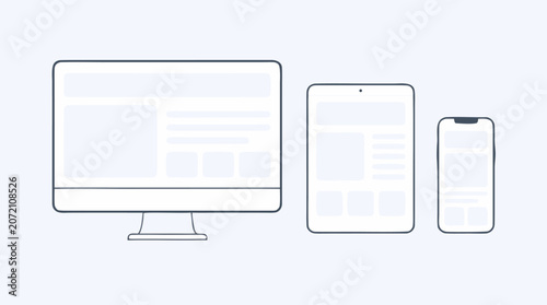 Clean flat vector illustration of responsive website layouts on desktop, tablet, and smartphone on a light background, ideal for web design and app development promotions.