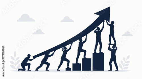 Clean flat vector illustration of a business team lifting a rising arrow across steps on a light background, ideal for growth strategy and teamwork presentations.