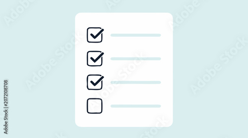 Clean flat vector illustration of a checklist with three checked boxes and one empty item on a light background, useful for task management, planning, productivity, and workflow apps.