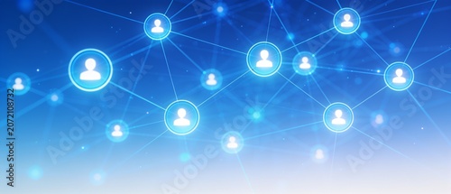 Network connections form between people icons in a digital blue environment