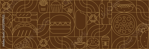 Geometric Fast Food Seamless Pattern Background. illustration of burger, taco, donut, ice cream, pizza, hot dog, French fries icons.