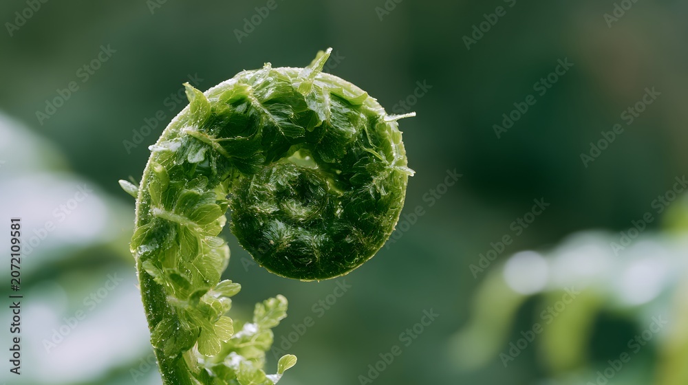 Fototapeta premium Delicate fiddlehead fern unfurls a spiral of life bathed in soft tranquil forest light dew kissed leaves