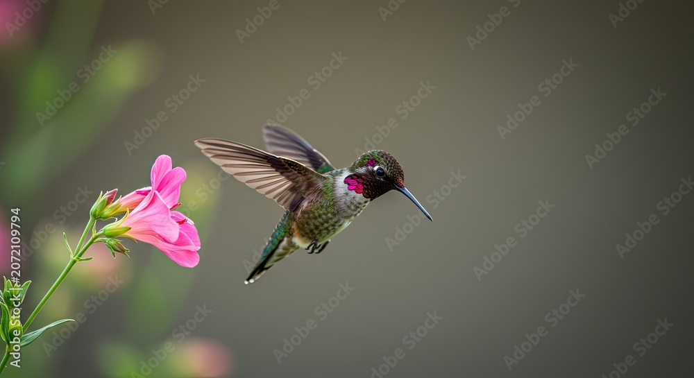Obraz premium Hummingbird in flight near pink flower.
