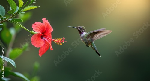 Hummingbird flying to red hibiscus flower.