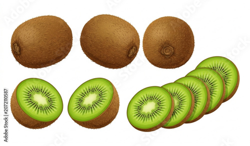 Fresh kiwi fruit set with whole and sliced kiwis isolated on white background