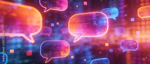 Neon speech bubbles glow brightly in a vibrant digital cityscape at night with colorful squares and rectangles floating around them.