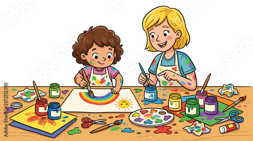Children painting a rainbow together at a table with art supplies