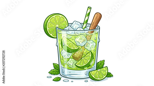 Refreshing caipirinha cocktail with lime slices, ice cubes and mint leaves