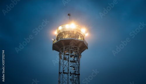 close up of airport floodlight tower with spotlights at night foggy weather conditions aviation infrastructure and terminal lighting system for safe ground operations