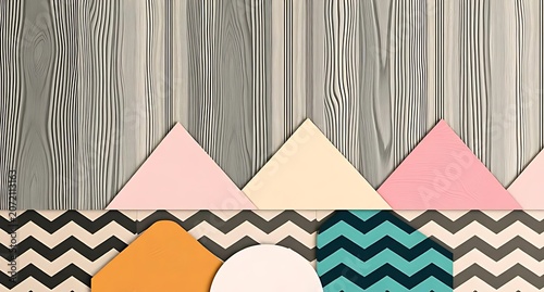 Colorful geometric paper crafts with layered triangles and zigzag patterns in pastel pink, beige, orange, black, and blue, perfect for DIY projects, decorations, and creative art displays.