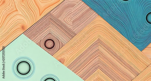 Vibrant geometric pattern featuring colorful wooden textures in shades of blue, teal, beige, brown, and orange, ideal for modern decor, wall art, interior accents, and creative design projects