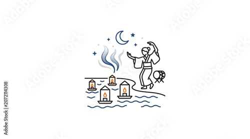 Tableau sur toile Floating Lanterns on River with Traditional House Icons and Starry Night Sky Ill