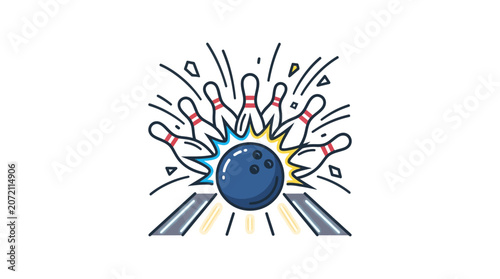 Bowling ball hits pins in a strike explosion on a neon-lit bowling alley lane with professional lighting.