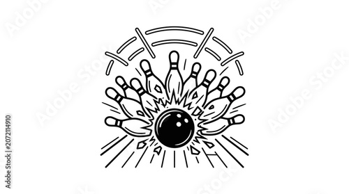 Iconic bowling ball illustration with pins and abstract artistic elements in a graphic design
