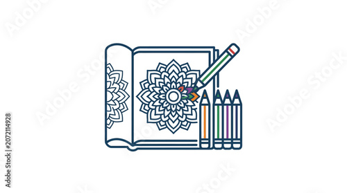 High-quality photorealistic stock image for coloring book with mandala pattern and colored pencils