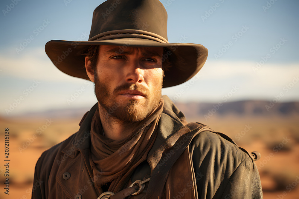 Fototapeta premium Portrait of cowboy, western movie scene in wild west desert.