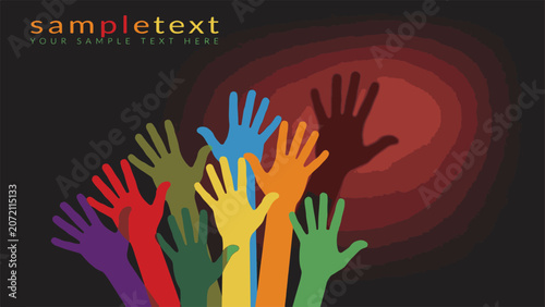 Diverse raised hands in various colors reaching upwards against a dark background with concentric circles