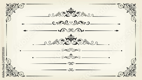 Ornate vintage decorative borders and dividers with floral scrollwork on parchment vector illustration