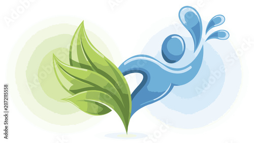 Stylized human figure made of water splashing next to green leaves on a white background person