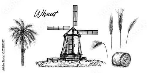 Elements of agriculture, including wheat ears, a traditional windmill, a sheaf of wheat, and a rolled hay bale. Black and white hand-drawn illustration in engraving sketch style