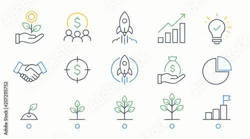Clean flat vector illustration of set of linear icons for venture capital, rockets and funding stages, editable stroke style, flat vector illust on a light background.