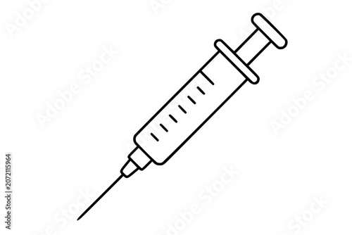 Fotografie Clean black and white line art vector icon of a medical syringe with plunger and needle, ideal for vaccination, healthcare, and clinic materials