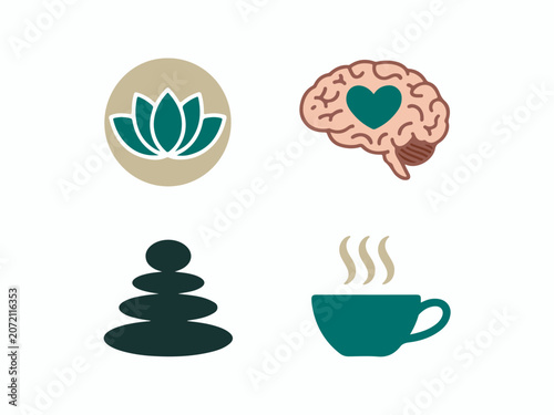 Set of wellness and mental health icons including lotus flower brain with heart stacked stones and steaming coffee cup for health and self-care concepts