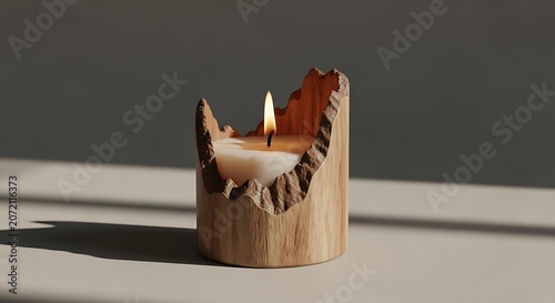 Wooden candle holder with lit candle.