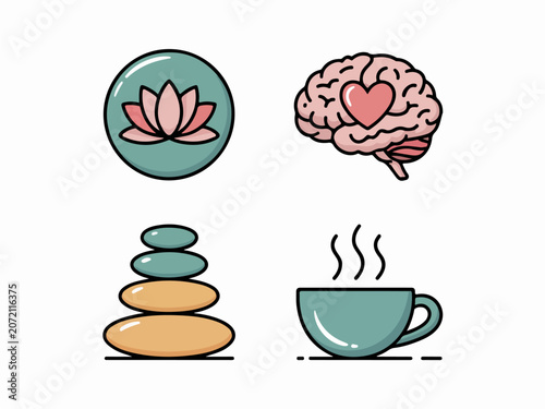 Set of wellness and mental health icons including lotus flower brain with heart stacked stones and coffee cup flat vector illustration for meditation and self-care concepts