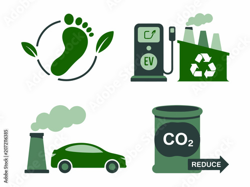 Set of green eco-friendly icons including footprint EV charging station factory and CO2 reduction symbol for environmental concepts