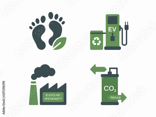 Set of eco-friendly sustainability icons including footprint EV charging factory emissions and CO2 reduction for environmental concepts and green technology