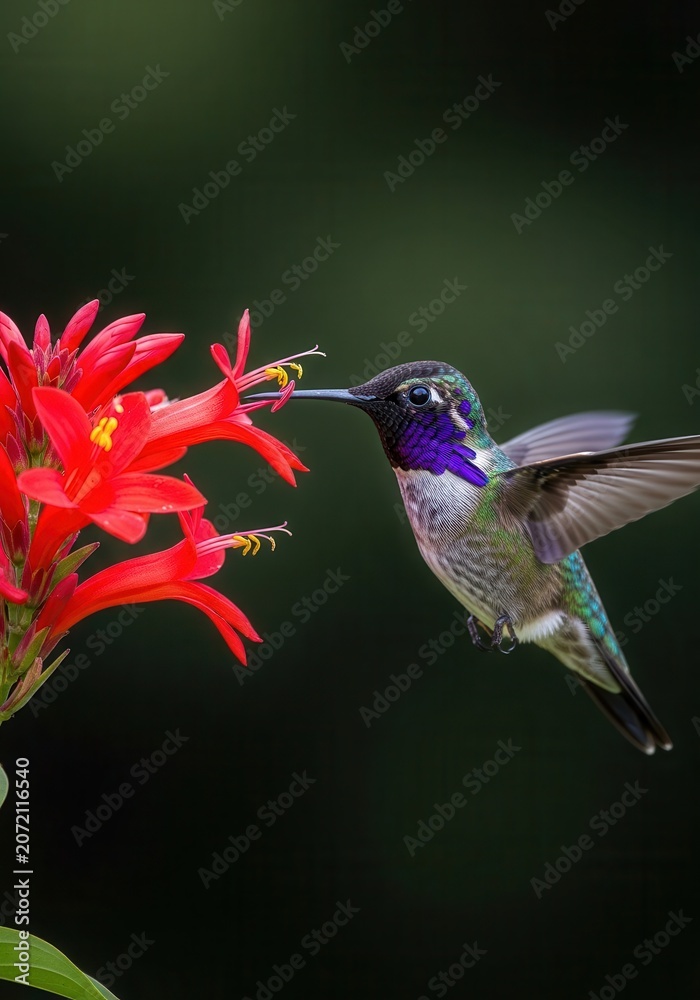 Obraz premium Vibrant Hummingbird Hovering and Feeding on Bright Red Wildflowers in a Lush Tropical Garden Setting