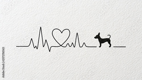 Black ink line art illustration featuring a heartbeat line, heart shape, and a small dog silhouette on a textured paper background