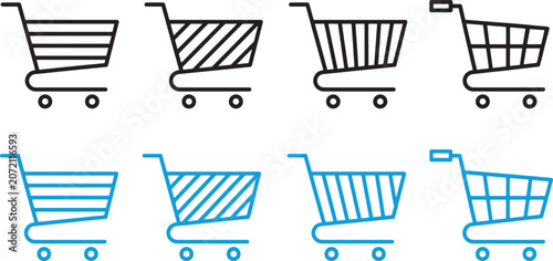 Shopping cart and e-commerce trolley icon set. Vector illustration of various supermarket basket designs in black outline and golden styles for online retail and checkout authentic design