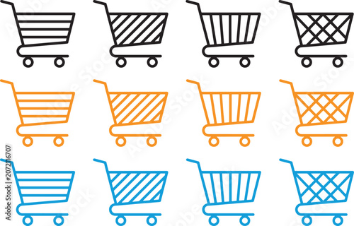 Shopping cart and e-commerce trolley icon set. Vector illustration of various supermarket basket designs in black outline and golden styles for online retail and checkout premium looks