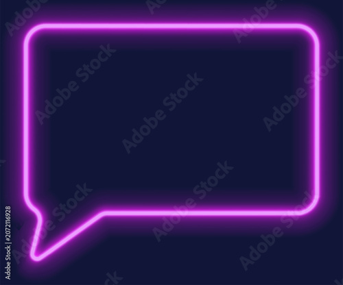 Purple neon rectangular speech bubble frame, glowing violet.